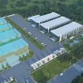 Modern Industrial Factory Complex With Multiple Warehouse Buildings Parking Area And Green Landscaping