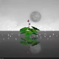 Pink Lotus Flower and Green Leaves Under Full Moon with Water Reflection and Distant Lights
