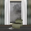 Elegant Green Curtains with White Sheer Panels in Room Featuring Scenic Misty Trees View