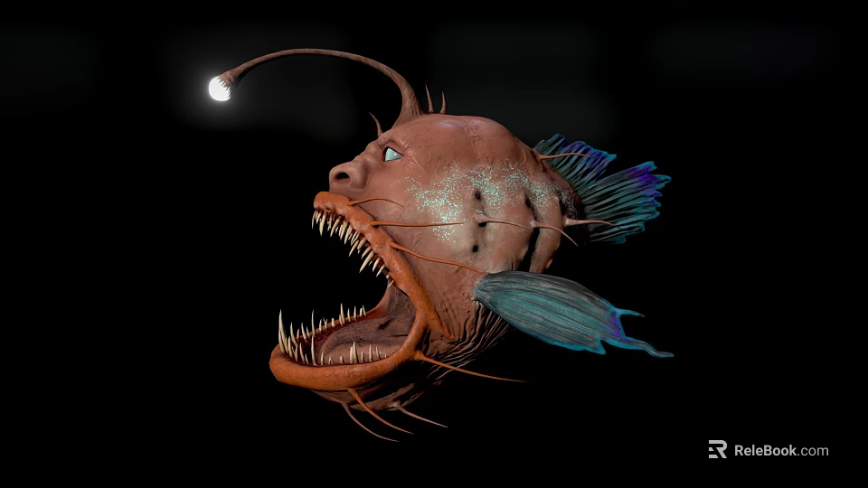 Giant Anglerfish With Bioluminescent Lure Sharp Teeth And Blue Fins On Dark Background 3d model 