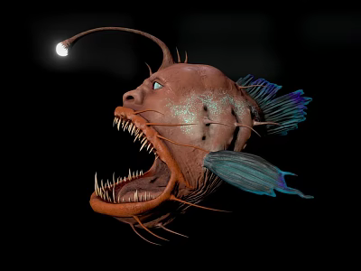 Giant Anglerfish With Bioluminescent Lure Sharp Teeth And Blue Fins On Dark Background 3d model