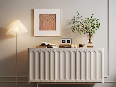 White Entryway Console Table with Open Book Green Plant Vase Floor Lamp and Wall Art 3d model