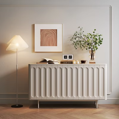 White Entryway Console Table with Open Book Green Plant Vase Floor Lamp and Wall Art 3d model