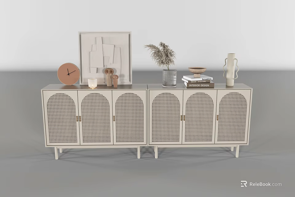 White Modern Entryway Console Cabinet With Rattan Doors And Decorative Items On Top 3d model