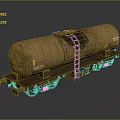 Rusty Oil Tank On Flatbed Rail Car With Warning Signs And Weathered Exterior