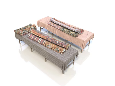 Three Upholstered Benches With Different Patterned Fabrics Various Colors And Simple Structure 3d model