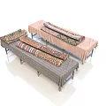 Three Upholstered Benches With Different Patterned Fabrics Various Colors And Simple Structure