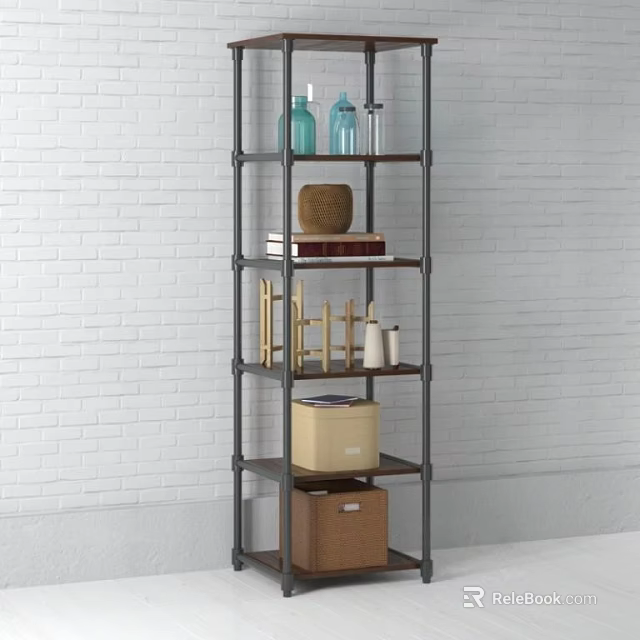Multi Tiered Metal Shelf With Blue Bottles Storage Boxes And Decor Items Against White Wall 3d model 