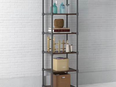 Multi Tiered Metal Shelf With Blue Bottles Storage Boxes And Decor Items Against White Wall 3d model