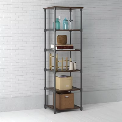 Multi Tiered Metal Shelf With Blue Bottles Storage Boxes And Decor Items Against White Wall 3d model