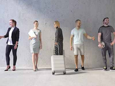 People Standing Together With Luggage And Various Poses Against Gray Wall And Floor 3d model