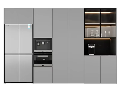 Modern Wine Cabinet In Open Kitchen Interior With Glass Shelves And Led Lighting Design 3d model