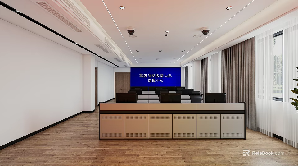 Spacious Bright Conference Room Interior With Blue LED Screen Long Table Black Chairs And Wooden Floor 3d model 