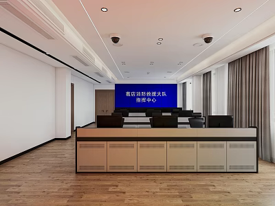 Spacious Bright Conference Room Interior With Blue LED Screen Long Table Black Chairs And Wooden Floor 3d model