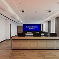 Spacious Bright Conference Room Interior With Blue LED Screen Long Table Black Chairs And Wooden Floor