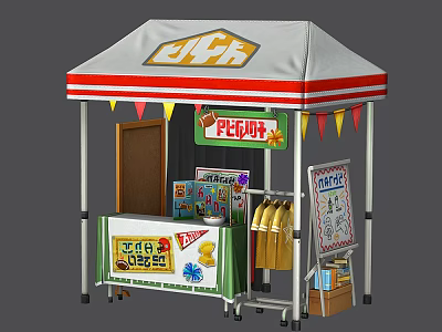 Portable Street Vendor Stall With White Canopy Red Stripes Colorful Flags Yellow Clothes And Signboards 3d model