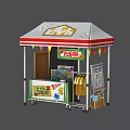 Portable Street Vendor Stall With White Canopy Red Stripes Colorful Flags Yellow Clothes And Signboards