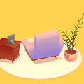 Cozy Purple Single Sofa with Blue Cushion beside Potted Plant Side Table and Photo Frame