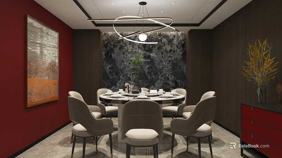Elegant Private Dining Room With Round Table Gray Chairs Chandelier And Decorative Art 3d model 