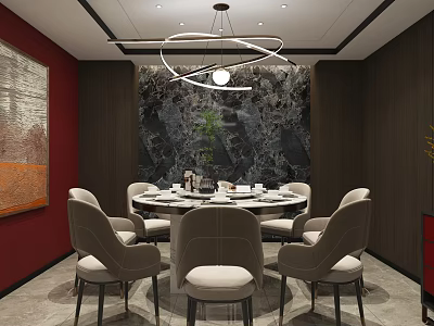Elegant Private Dining Room With Round Table Gray Chairs Chandelier And Decorative Art 3d model