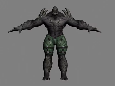 Muscular Game Movie Character With Rock Textured Skin Spiked Shoulders And Green Cargo Shorts 3d model