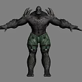 Muscular Game Movie Character With Rock Textured Skin Spiked Shoulders And Green Cargo Shorts