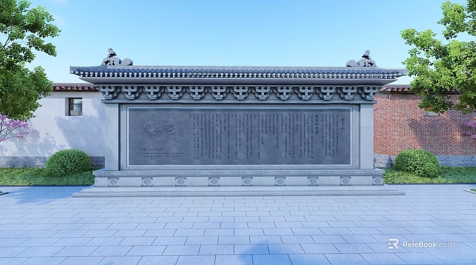 Chinese Traditional Scenic Wall with Inscribed Stone Tablet and Green Shrubs in Courtyard 3d model 