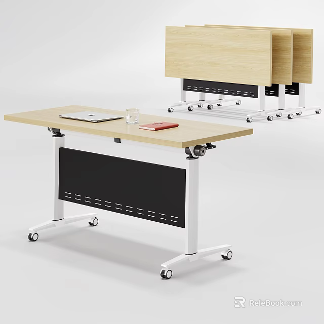 Mobile Stackable Conference Table with Light Wood Top Black Panel and Wheels 3d model 