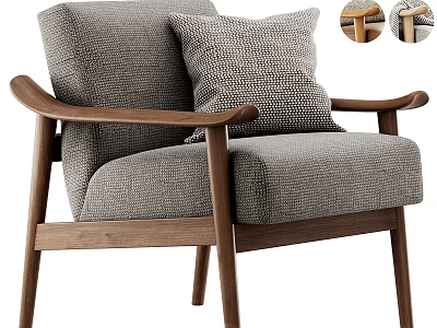 Gray Fabric Lounge Chair With Wooden Frame Curved Armrests And Decorative Pillow 3d model