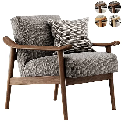 Gray Fabric Lounge Chair With Wooden Frame Curved Armrests And Decorative Pillow 3d model