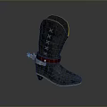 Black Boot With Yellow Trim Cross Stitching Red Strap Star Decoration And Thin Heel