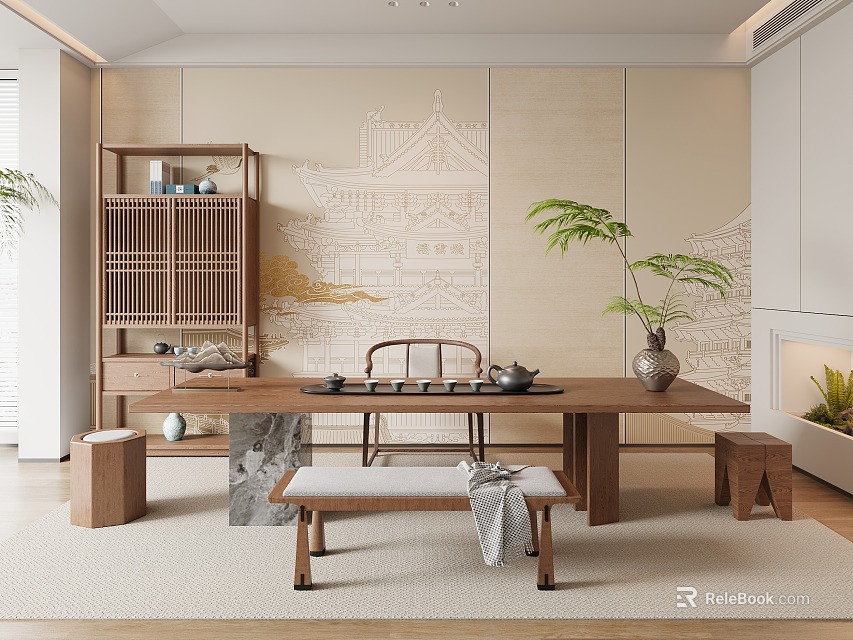 Traditional Tea Room Interior With Wooden Table Shelf Tea Sets Green Plants And Wall Art 3d model 