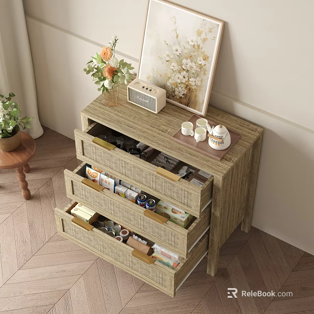 Cozy Wooden Console Table With Open Drawers Vase Radio And Painting 3d model 