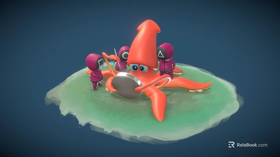 Orange Octopus Game Movie Character Interacting With Purple Figures On Green Platform 3d model 