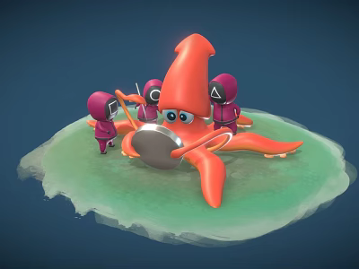 Orange Octopus Game Movie Character Interacting With Purple Figures On Green Platform 3d model