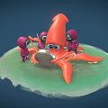 Orange Octopus Game Movie Character Interacting With Purple Figures On Green Platform