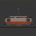 Vintage Red Tram with Green Roof and Classic Windows on Metal Tracks and Overhead Wires