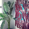 Abstract Red And Blue 3D Textured Wall Decor In Modern Living Room With Green Plant