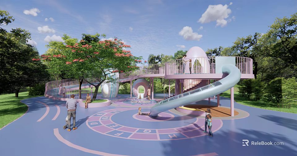 Vibrant Kids Play Area With Slide Circular Ground Letters Trees And Families Playing Together 3d model 