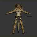 3D Rendered Serpent Creature With Yellow Black Skin Open Mouth Dual Swords And Leather Apron
