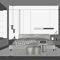 Modern Bedroom Interior Design With White Walls Strip Light And Double Bed With Plaid Blanket