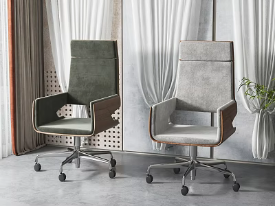 Comfortable Modern Green and Gray Office Chairs with Wooden Armrests Metal Base and Wheels 3d model