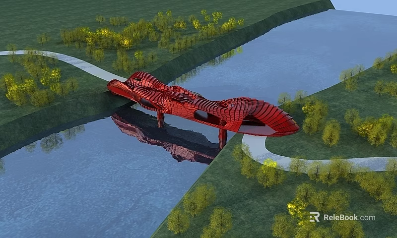 Red Modern Artistic Bridge Spanning River With Green Grass Trees Reflection 3d model