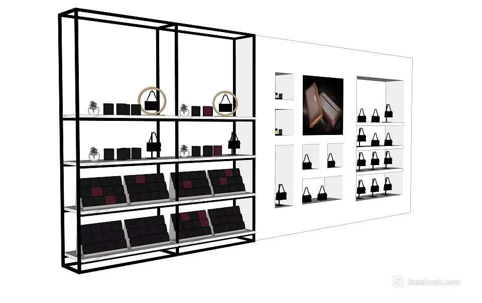 Modern Multi Tiered Black Frame Display Shelves With Handbags Shoes And Small Items 3d model 