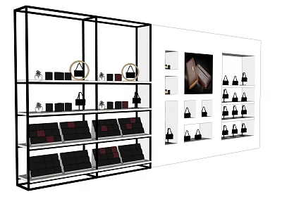 Modern Multi Tiered Black Frame Display Shelves With Handbags Shoes And Small Items 3d model