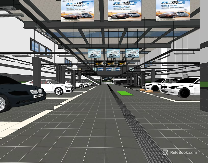 Modern Indoor Parking Lot with Parked Cars Overhead Billboards and Grid Floor 3d model 