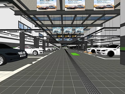 Modern Indoor Parking Lot with Parked Cars Overhead Billboards and Grid Floor 3d model