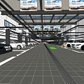 Modern Indoor Parking Lot with Parked Cars Overhead Billboards and Grid Floor