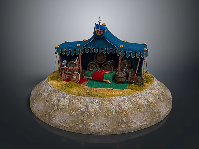 Blue Medieval Tent Miniature with Wooden Barrels Cart Wheel and Round Stone Base 3d model