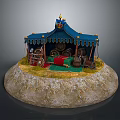Blue Medieval Tent Miniature with Wooden Barrels Cart Wheel and Round Stone Base